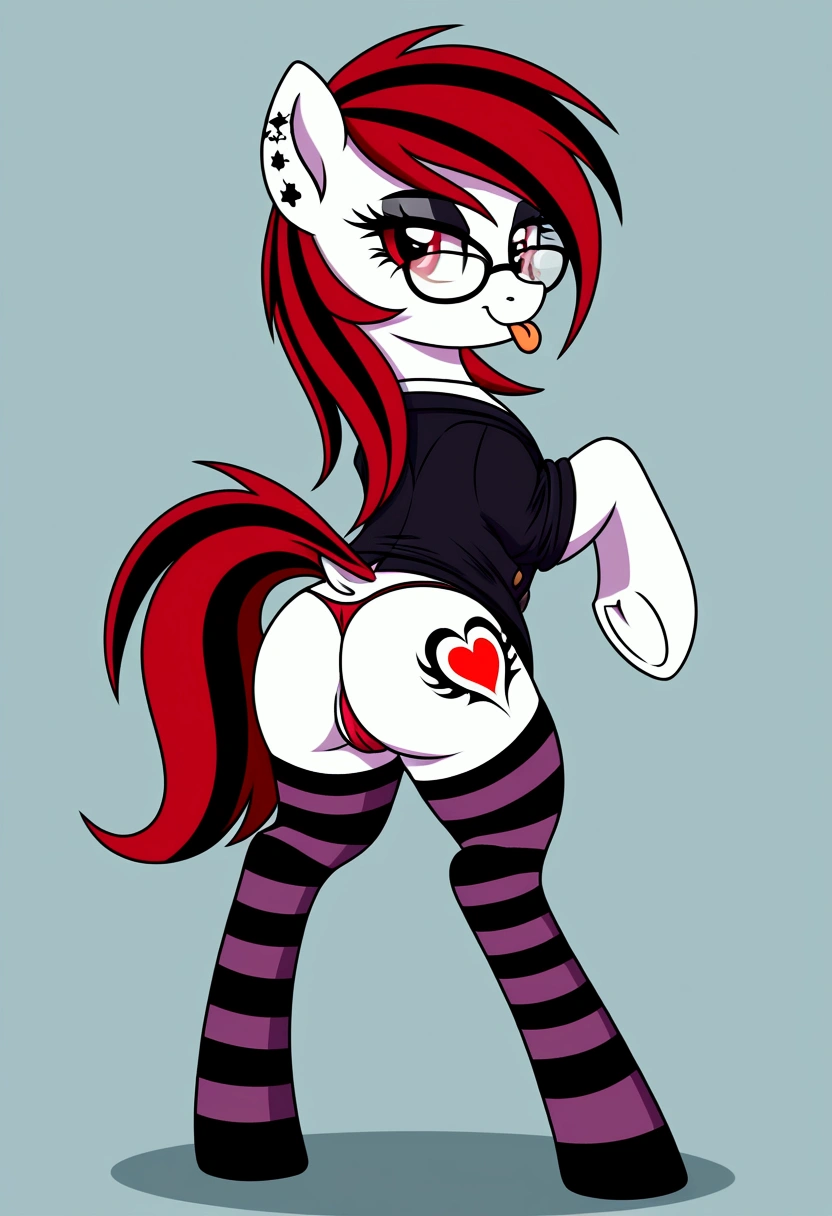 radiant lighting, vibrant colors, whimsical atmosphere, 8K, high resolution, highly detailed, masterpiece, (((my little pony))), four stockings, (red hair, white body, red eyes) cute face, tongue out, striped stockings, standing on four hooves, cool glasses, showing butt, ((sexy tattoo:1.3)), goth style, ((seductive thong panties)), ((teacher)), (cameltoe)