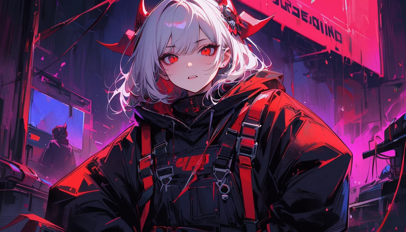 demon queen, succub, demoness, red hairs, masterpiece， Best quality， 8 k， digital painting， 1 girl， One， get up， youth， White hair， Длинные White hair， hair accessories， Red eyes， round pupils， impassive facial expression， blood stains， Mechanical parts， electrical wire， cable， The effect of failure， terrifying， Science fiction， futuristic， Dark inside background， neon lights， Cyberpunk characters， surreal， strange， alarming， Chilling， terrifying， overalls，Red eyes，Poison Obsession（（raised sexy）），overalls，Red eyes，Poison Obsession，Blood-Red eyes，Best quality, A high resolution, Super detailed, Bright textures, a mask, tight latex bodysuit, bang,purple hair, Blue eyes