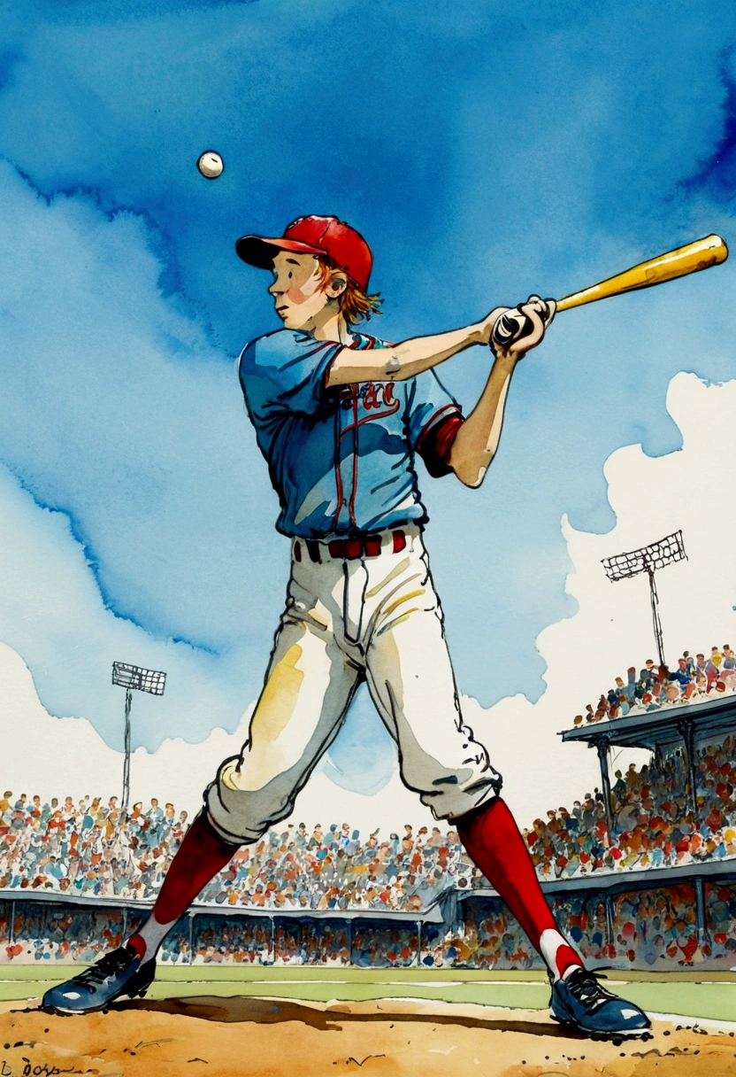 Baseball Player, by Quentin Blake, full body, cinematic still, cinemascope, (best quality, masterpiece), very aesthetic, perfect composition, intricate details, ultra-detailed, vivid colors