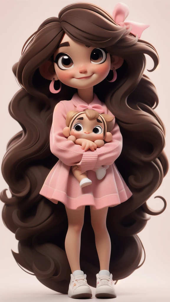 chibi baby 8k, highly detailed, beautiful girl, baby, chibi, , cover art, blue hair bow, brown long hair pink sleeve dress, white background,white shoes, balancing, optimistic, brown hair, brown hair,