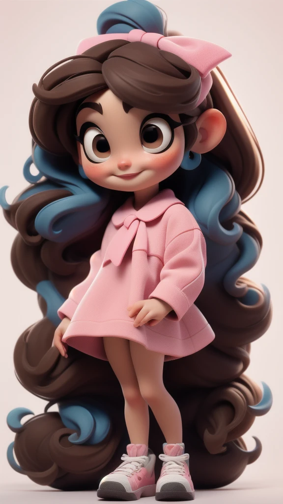 chibi baby 8k, highly detailed, beautiful girl, baby, chibi, , cover art, blue hair bow, brown long hair pink sleeve dress, white background,white shoes, balancing, optimistic, brown hair, brown hair,