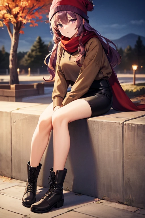 best quality, beautiful woman looking at viewer, brown hoodie, black midi pencil skirt, pencil skirt, beanie, leather boots, red scarf, full body, medium purple hair, wavy hair, garden, fall evening, tree, leaves, park