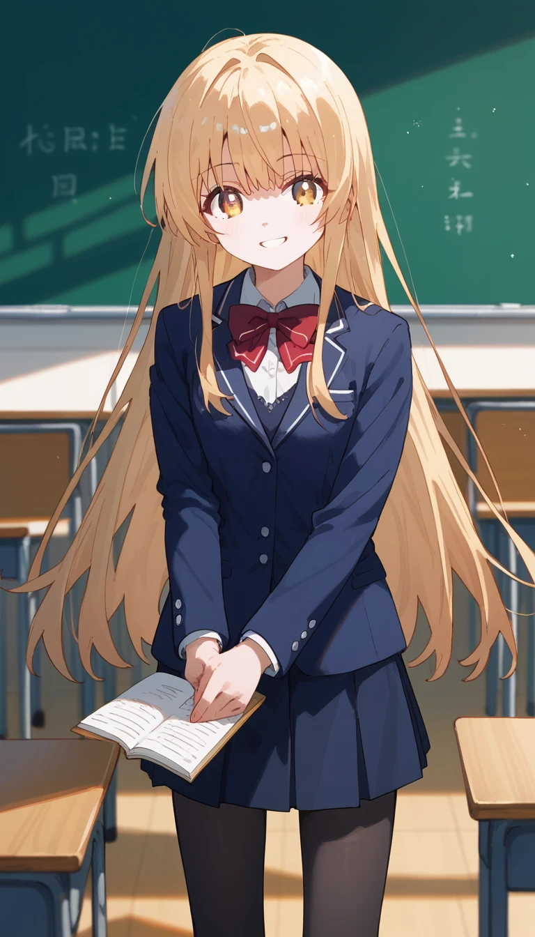 masterpiece,Ultra HD,score_4_onBREAK source_anime,可愛いanimeイラスト, masterpiece,high resolution,smile,alone,mahirushiina,One girl,Blonde,Long Hair,
Blue blazer,Red bow tie,black tights,School,classroom,