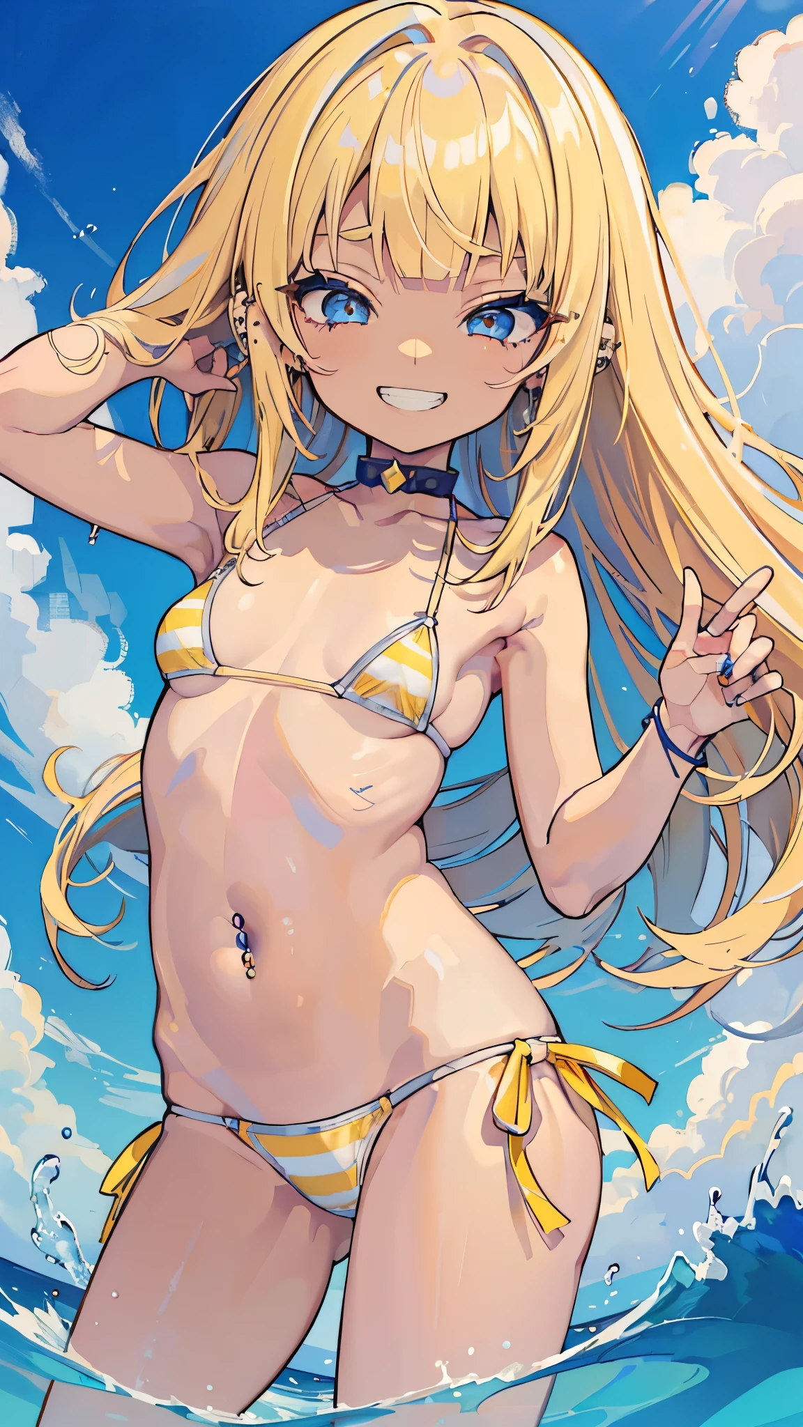 ((masterpiece、Highest quality、Very detailed))、One girl、((Brown skin:1.2))、Blonde、Long Hair、blunt bangs、hime cut、Light blue eyes、evil smile、((Grin))、((lots of piercings))、Small breasts、((yellow stripe bikini))、belly button、Cowboy Shot、Ocean、Rocky background
