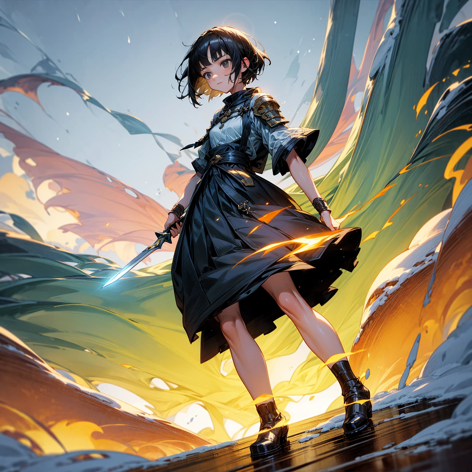 1girl, Full body version, 1character, girl version, black eyes color, short haircut, black colour hair, Ancient Roman style clothing, long skirt, ling boots, small armor body, Grassroots, background in snow, motion blur, (one piece style art), snow, knife in hand, standing gesture, fire, lighting knife, smoke effect, aura effect, lighting moon, Moonlight, fire aura, snow, blue lightning, Silhouette, knife light silhouette, moon 