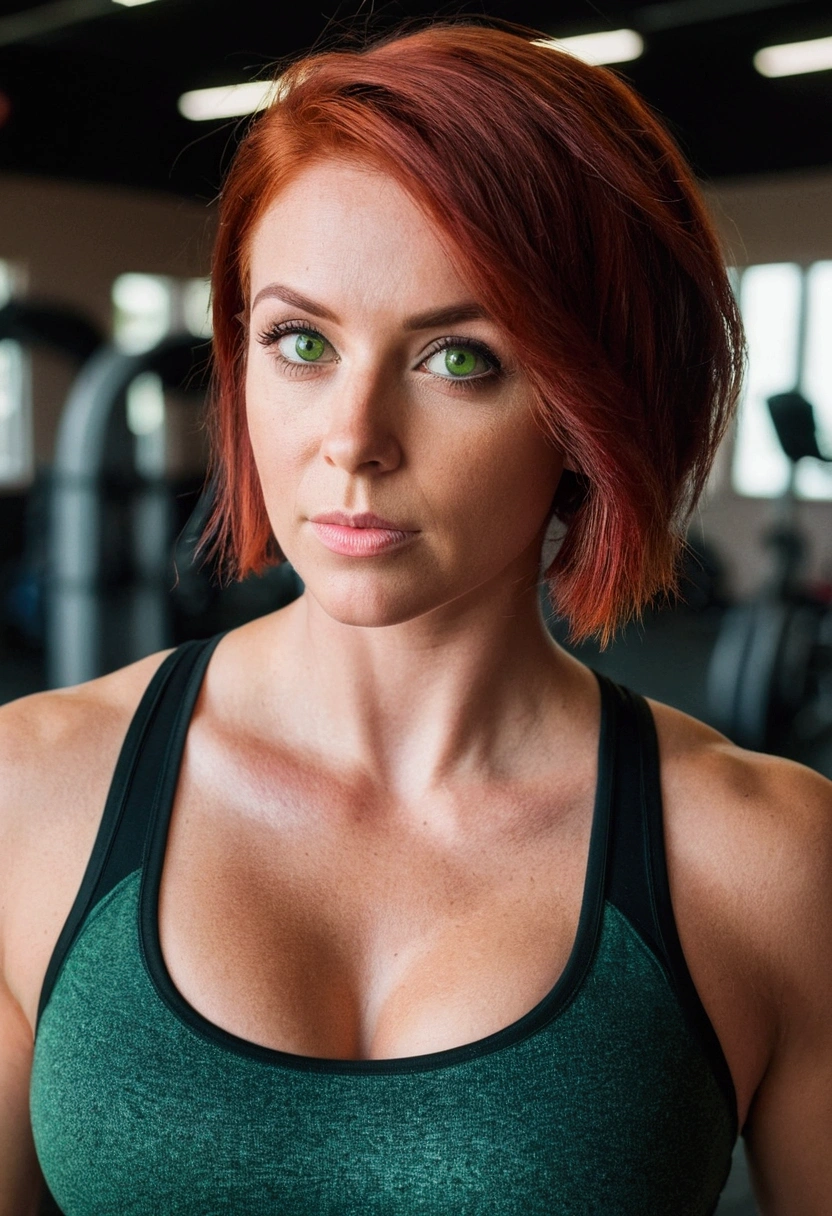 Instagram profile photo, super realistic woman, with a large pronounced bust, green eyes, short red hair, in gym, leggings and black sports bra