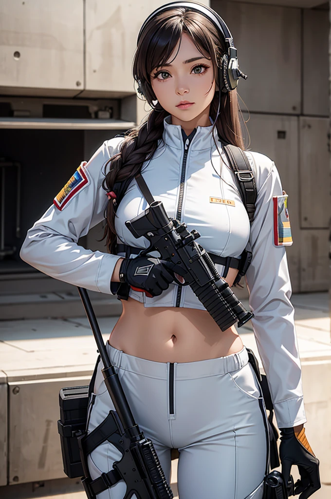 Woman in white holding a rifle and wearing headphones, 42 year old woman, young soldier, mechanized young soldier, Military Girl, beautiful female soldier, Female lead character, Military Girlราบ, Girl's sniper at war, solo female character, Future combat equipment, Half-body close-up, Woman wearing military bulletproof crop top, Show navel, Wear tactical equipment, Wear tactical armor., realistic navel shape