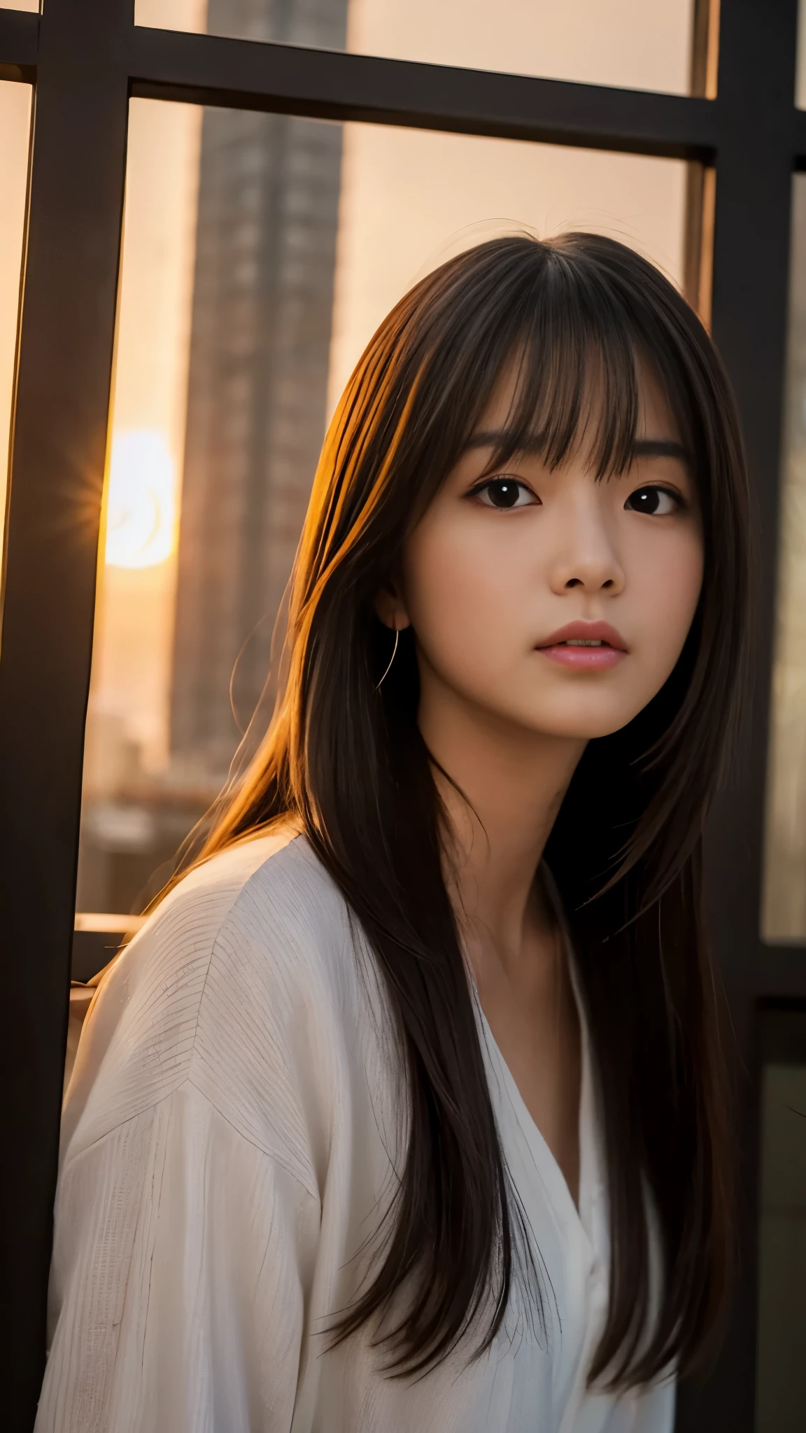 masterpiece, wonderful, high quality、high resolution、High resolution、超A high resolution、realism、Real Stick、Photorealistic、Raw photo、, ((woman)), Indifference, Seriousness, bangs, (assassin), White clothes、Degrees of Freedom:1.8、Accurate anatomy、Realistic textured face and skin、Accurate anatomy:1.3、Outdoor、evening、dusk、sunset、sunset、