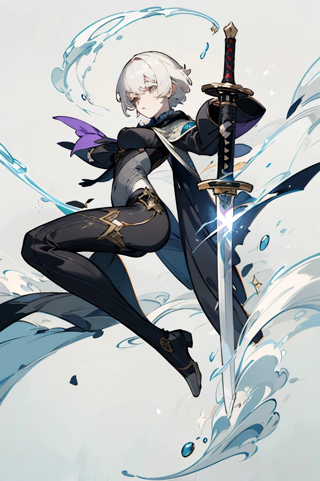 1girl, woman, (albino:1.4), (short_grey_hair:1.3), black and violet suit, (has_a_sword:1.4), pale, has grey eyes, slim and skinny, anime art style, genshin impact style, genshin splash art, epic pose, white background, masterpiece, full body, best quality, 16k, cinematic light, right face, right anatomy, well drawn