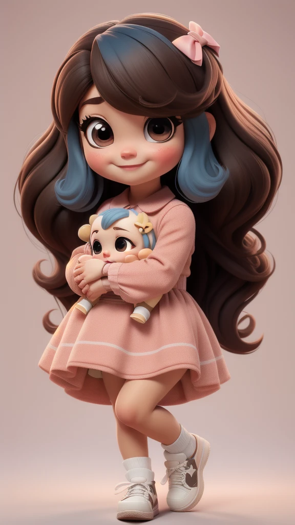 chibi baby 8k, highly detailed, beautiful girl, , chibi, , cover art, blue hair bow, brown long hair pink sleeve dress, white background,white shoes, balancing, optimistic, brown hair, brown hair,
