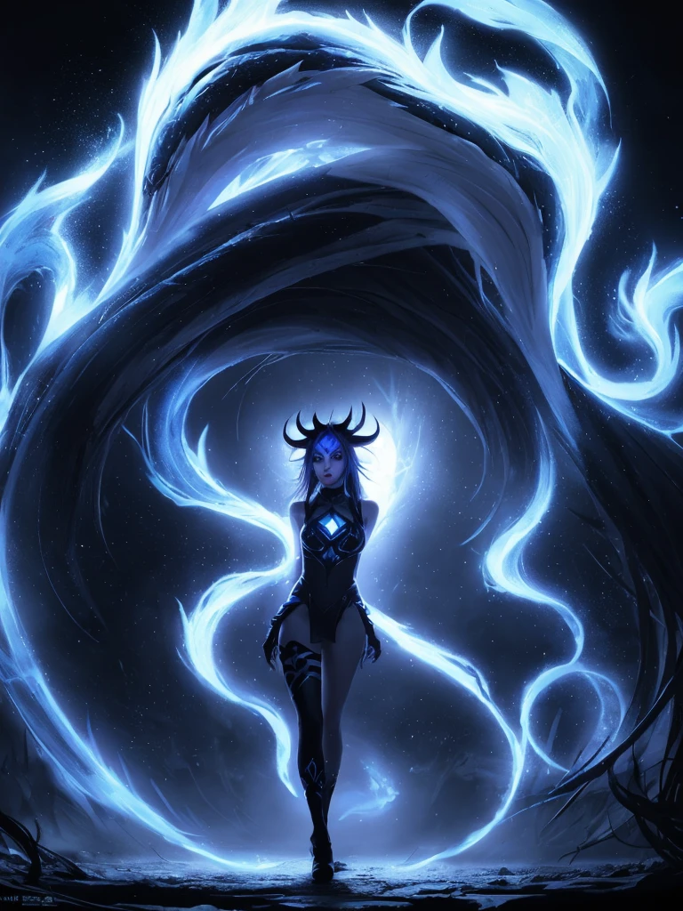1girl, solo, from front, full body, Kindred \(league of legends\), black background, makeup, sidelighting, backlighting, glowing,