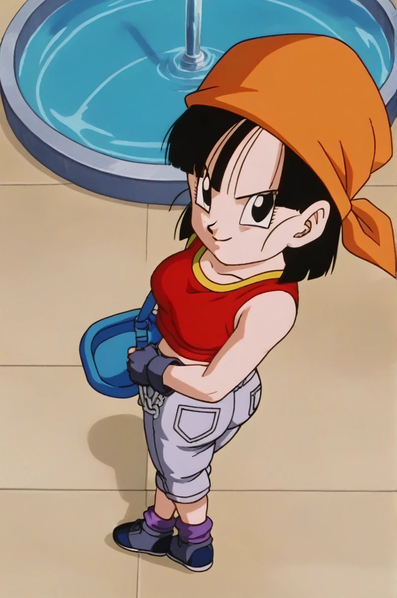 fountain_cheered up, score_9, score_8_above, score_7_above, cheered up screencap,8k, absurd resolution,
Pan \(Dragon Ball\), 1 girl, Alone, looking at the viewer, short hair, hits, black fur, session, whole body, black eyes, denim, orange scarf, retro artStyle, female , v shaped eyebrows, from below, rock, diaphragm, clavicle, 1990s \(Style\), sexy body, medium ass, medium tits, sexy ass, medium breasts, underwear, naked