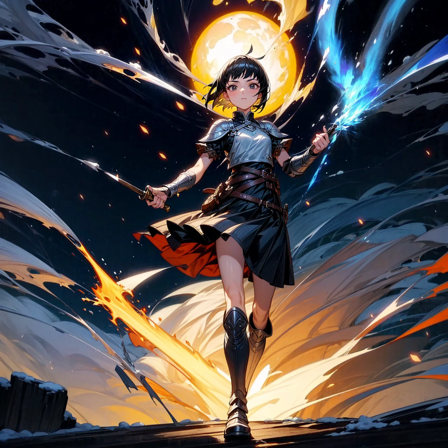 1girl, Full body version, 1character, girl version, black eyes color, short haircut, black colour hair, Ancient Roman style clothing, long skirt, ling boots, small armor body, Grassroots, background in snow, motion blur, (one piece style art), snow, knife in hand, standing gesture, fire, lighting knife, smoke effect, aura effect, lighting moon, Moonlight, fire aura, snow, blue lightning, Silhouette, knife light silhouette, moon 