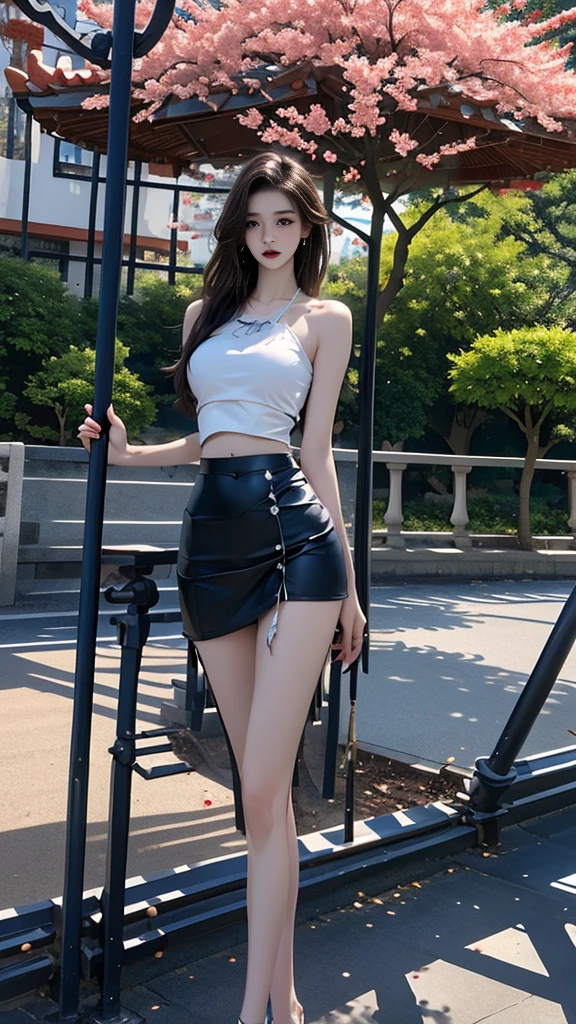 1girl，short skirt，Two piece fashionable outfit,, masterpiece，best quality，high quality，High definition，high quality的纹理，high quality的阴影，High details，beautiful details，fine details，Extremely detailed CG，Detailed texture，lifelike面部表现，lifelike，rich and colorful，exquisite，sharp focus，(intricate detailake up，pureerosface_v1:0.5)，(Beautiful details, exquisite face，(Beautiful details, exquisite eyes)，Perfectly proportioned face，highDetails of the skin，Details of the skin，Four fingers and one thumb in optimal proportions，emaciated:1.3)，1 girl，************，high，(Smooth abs:1.55)，pretty，Perfect，high，((bare shoulders)), ((The skirt is short)), (long legs)，(straight legs)，(thin waist)，((White skin))，White skin，((White skin))，(emma watson)，Big breasts，((Caucasian))，light blonde hair，Stand with legs apart，looking at the audience，whole body，Portrait of cute blonde girl，((Cherry tree)), ((Standing under the cherry tree,Look into the distance))，bloom，orange mist，sports，Wisps of hair，lifelike，high quality渲染，amazing art，high quality，film texture，Fujifilm XT3，dream