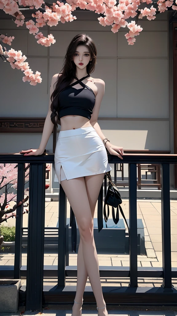 1girl，short skirt，Two piece fashionable outfit,, masterpiece，best quality，high quality，High definition，high quality的纹理，high quality的阴影，High details，beautiful details，fine details，Extremely detailed CG，Detailed texture，lifelike面部表现，lifelike，rich and colorful，exquisite，sharp focus，(intricate detailake up，pureerosface_v1:0.5)，(Beautiful details, exquisite face，(Beautiful details, exquisite eyes)，Perfectly proportioned face，highDetails of the skin，Details of the skin，Four fingers and one thumb in optimal proportions，emaciated:1.3)，1 girl，，high，(Smooth abs:1.55)，pretty，Perfect，high，((bare shoulders)), ((The skirt is short)), (long legs)，(straight legs)，(thin waist)，((White skin))，White skin，((White skin))，(emma watson)，Big breasts，((Caucasian))，light blonde hair，Stand with legs apart，looking at the audience，whole body，Portrait of cute blonde girl，((Cherry tree)), ((Standing under the cherry tree,Look into the distance))，bloom，orange mist，sports，Wisps of hair，lifelike，high quality渲染，amazing art，high quality，film texture，Fujifilm XT3，dream