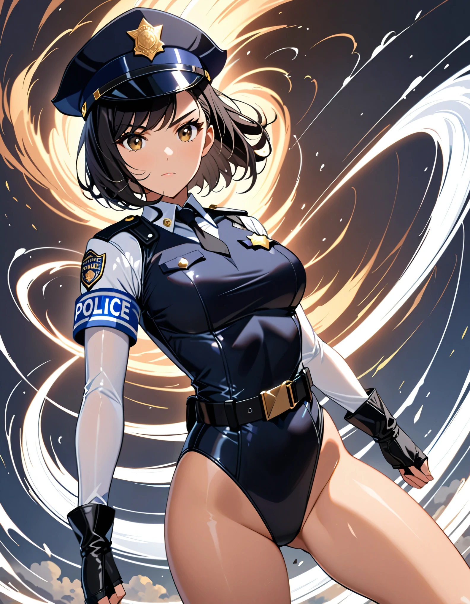 (masterpiece), (best quality), (high res),1girl, tall body, ((short hair, bob hair, jet black hair)), (hazel eyes) beautiful detailed eyes, beautiful detailed face, cute face, perfect hands, complete fingers, perfect anatomy, perfect proportions, ((hat, black police hat)), ((leotard, matching leotard, bare legs)), ((boots, matching boots)), breasts, medium breasts, fingerless gloves, (full body portrait), looking at viewer, solo, solo focus, police uniform, cowboy shot, (belt, tight belt), (armbands, white sleeves), serious, crossed arms, full body costume design. ahoge, (spins in place like a tornado, she spins at an incredible speed, creating a whirlwind of air around her,spiral lines around,cyclone winds around,tornado spinning).