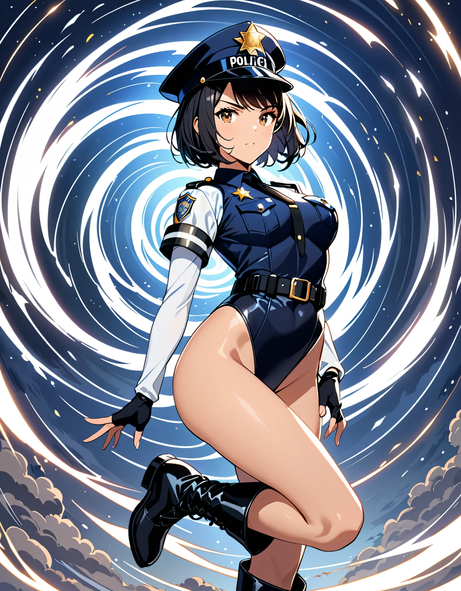 (masterpiece), (best quality), (high res),1girl, tall body, ((short hair, bob hair, jet black hair)), (hazel eyes) beautiful detailed eyes, beautiful detailed face, cute face, perfect hands, complete fingers, perfect anatomy, perfect proportions, ((hat, black police hat)), ((leotard, matching leotard, bare legs)), ((boots, matching boots)), , medium breastsrless gloves, (full body portrait), looking at viewer, solo, solo focus, police uniform, cowboy shot, (belt, tight belt), (armbands, white sleeves), serious, crossed arms, full body costume design. ahoge, (spins in place like a tornado, she spins at an incredible speed, creating a whirlwind of air around her,spiral lines around,cyclone winds around,tornado spinning).