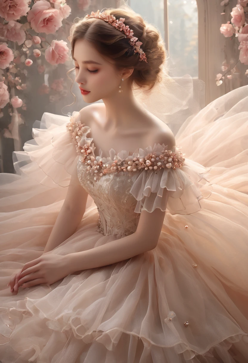 ((background only)),Overhead shot,(((masterpiece))), (((Highest quality))), ((Super detailed)), ((非常にdelicateで美しい)), (最高masterpiece:1.4),delicate,8k,((Frills:1.5))((Beautiful layered tulle wallpaper))((Generate cloth only:1.4)),(Zooming in on the tulle fabric that fills the entire screen:1.4)Collage fabric,ghostwhite,Lots of tulle,Fairy tale,(ribbon),Pearl ornament,(Shabby chic),Cute atmosphere,Soft atmosphere,Sparkling
