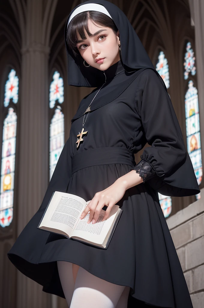 (((Best quality))), (((Ultra detailed)) Girl with short black hair, (((light brown eyes with darker pupils))), wears a nun's outfit in dark blue, black, and white with 5-pointed star details, wears 5-pointed star earrings, wears a moon accessory on her head, is holding a book in her right hand, wears blue tights with shiny details, wears white gloves, has 5-pointed stars floating at her side, wears delicate black sneakers, the setting behind is a church, he has a small smile, droopy eyes and is doing a beautiful pose