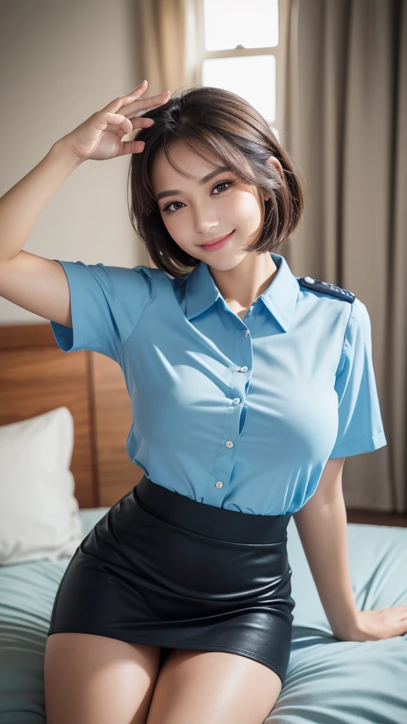 Restricted cap(1 female police officer), ((lie on bed)),Ultimate Beautiful girl, hyperdetailed face, Detailed eyes, Double eyelids, Accurate depiction of fingers,Detail lips, Short hair, ((Light blue fancy blouse)), Restricted cap,((Black tight mini skirt)), (big breasts:1.1),kind and happy smile , thighs thighs thighs,Thighs that look very soft, (Cowboy Shot), (((salute:1.1))),depth of fields, Perfect litthing, (Photorealsitic:1.4), (ultra-detailliert), (top-quality), (Best Shadows), (masterpiece), Ultra High Resolution, natural makeup,