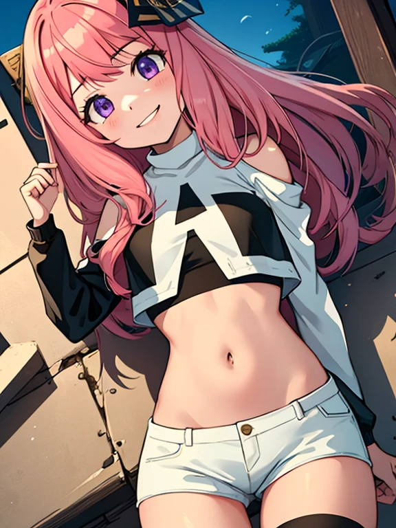 (Masterpiece: Hoshino Sumire 1.6, Best Quality), (Overhead), High Quality, Beautiful Face, 1girl, Wide Shot, Black Crop Top, Tecateca Leather Tecateca Shorts, Long Leather Jacket, Open Shoulders, Pink Hair, Big , Long Hair, Wide Hips, (Landscaped), Street, Background, Detail Background, Spooky Smile, A fished laugh at the corners of his mouth,