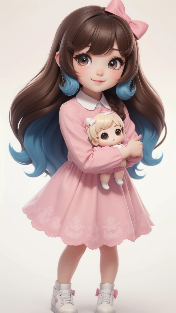 chibi baby 8k, highly detailed, beautiful girl, baby, chibi, , cover art, blue hair bow, brown long hair pink sleeve dress, white background,white shoes, balancing, optimistic, brown hair, brown hair,
