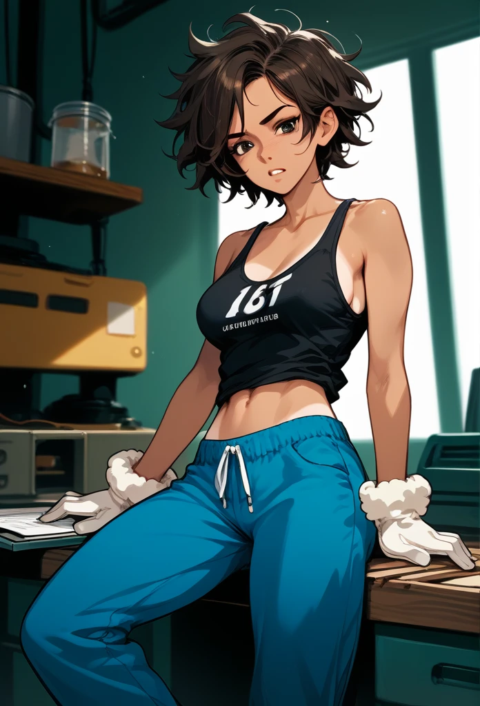 masterpiece, best quality, mature woman, mature face, messy hair, black hair, brunette gradient hair color, hot face, (tomboy face), tan skin, mature body, fit body, medium breasts, wool gloves, stained tank top, midriff, mechanic pants, loose pants, workshop