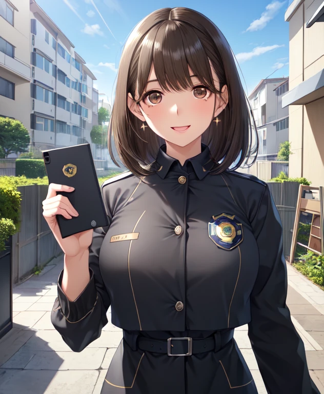 anegasaki nene、Shiny brown hair, short hair, (Beautiful brown eyes、Sparkling eyes, Fine grain)、smile、Ultra-detailed eyes、Highly detailed face, Highly detailed eyes,

1 Woman Standing, ((showing police badge:1.1) Photo ID) Dear Viewers,, Female detective, police, (Black trench coat) Over a business suit, (Mature Woman:0.8), /(Brown Hair/) bangs, Busy, (軽いsmile:0.4), (Open your mouth:0.6), (Masterpiece Top quality:1.2) Delicate illustrations, super detailed, Big Break (Apartment entrance) Outdoor, (Open door), Residential Street, Detailed Background