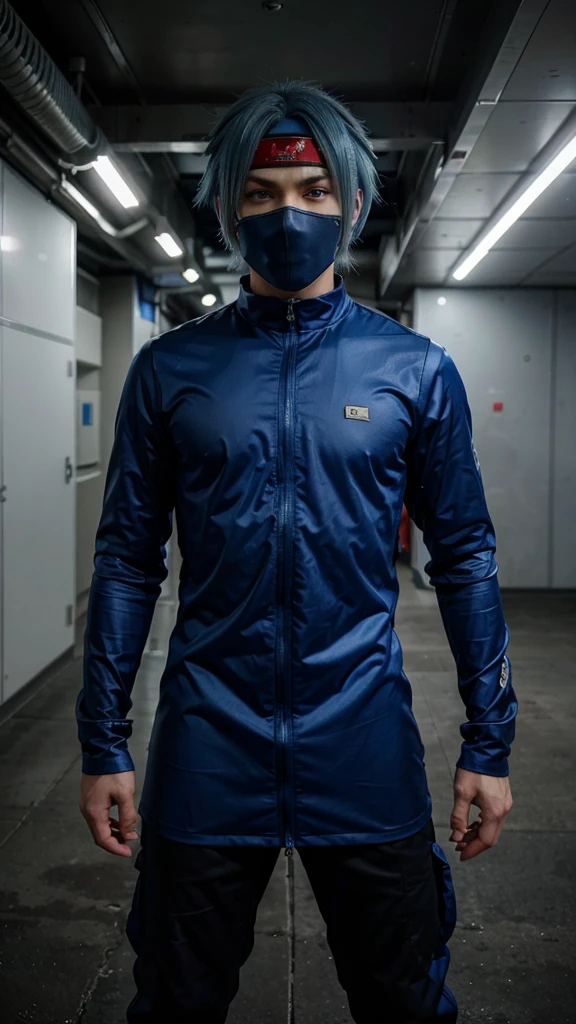 ((1 man)), Alone, looking at the viewer, anime type blue hair, anime type clothes, a legendary ninja, low but intense blue eyes, (whole body), Gray background, realist, dioknigsreuter