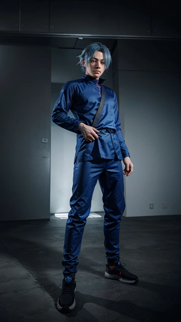 ((1 man)), Alone, looking at the viewer, anime type blue hair, anime type clothes, a legendary ninja, low but intense blue eyes, (whole body), Gray background, realist, dioknigsreuter