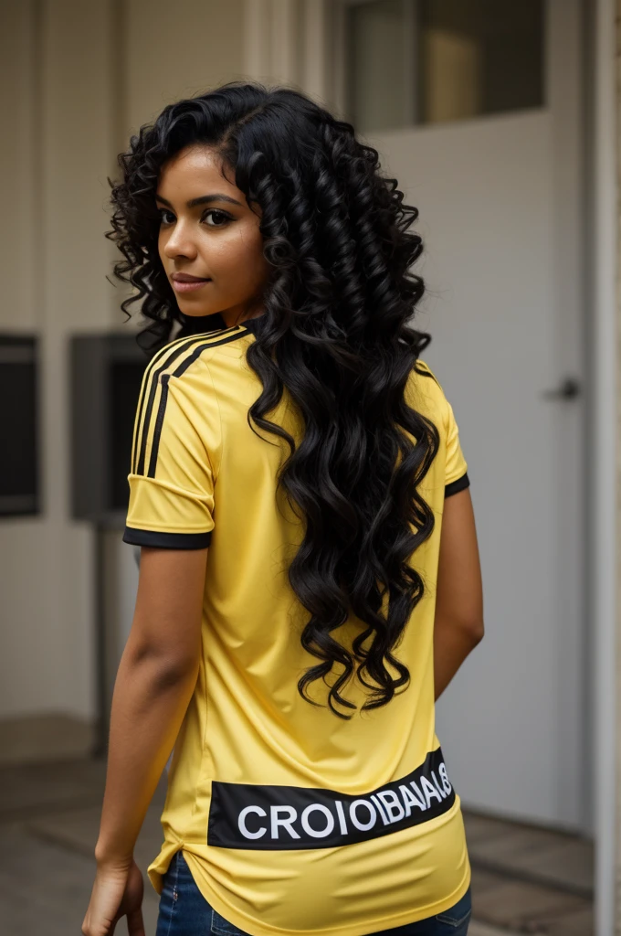 Creates a woman from behind with black curly hair wearing a Colombian shirt with the name Andrea