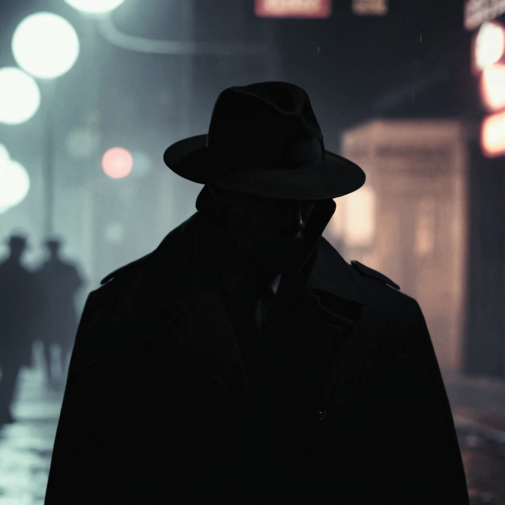 Arav man in black coat and hat standing in the dark, Mysterious man, noir detective and a fedora, New Black style, New Black style, New Black, Mysterious strangers, Detective thriller, New Black, New Black色, Confidential Informant, noir detective, He is walking through a dark city, Beating Technology. New Black style