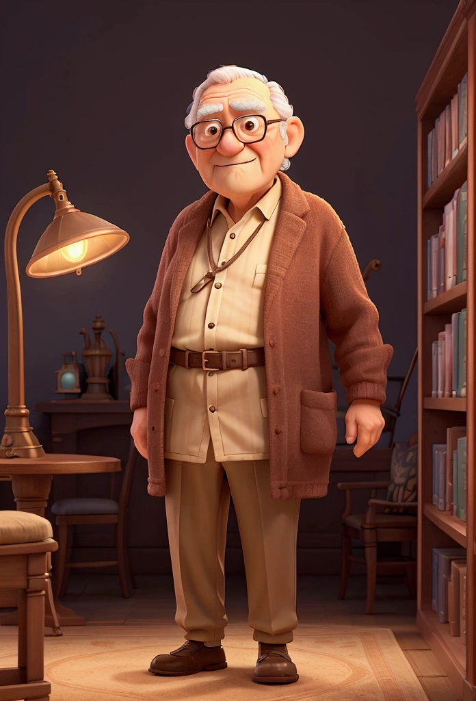 The wise old man stands in front, illuminated by lamp light, against the background of the library