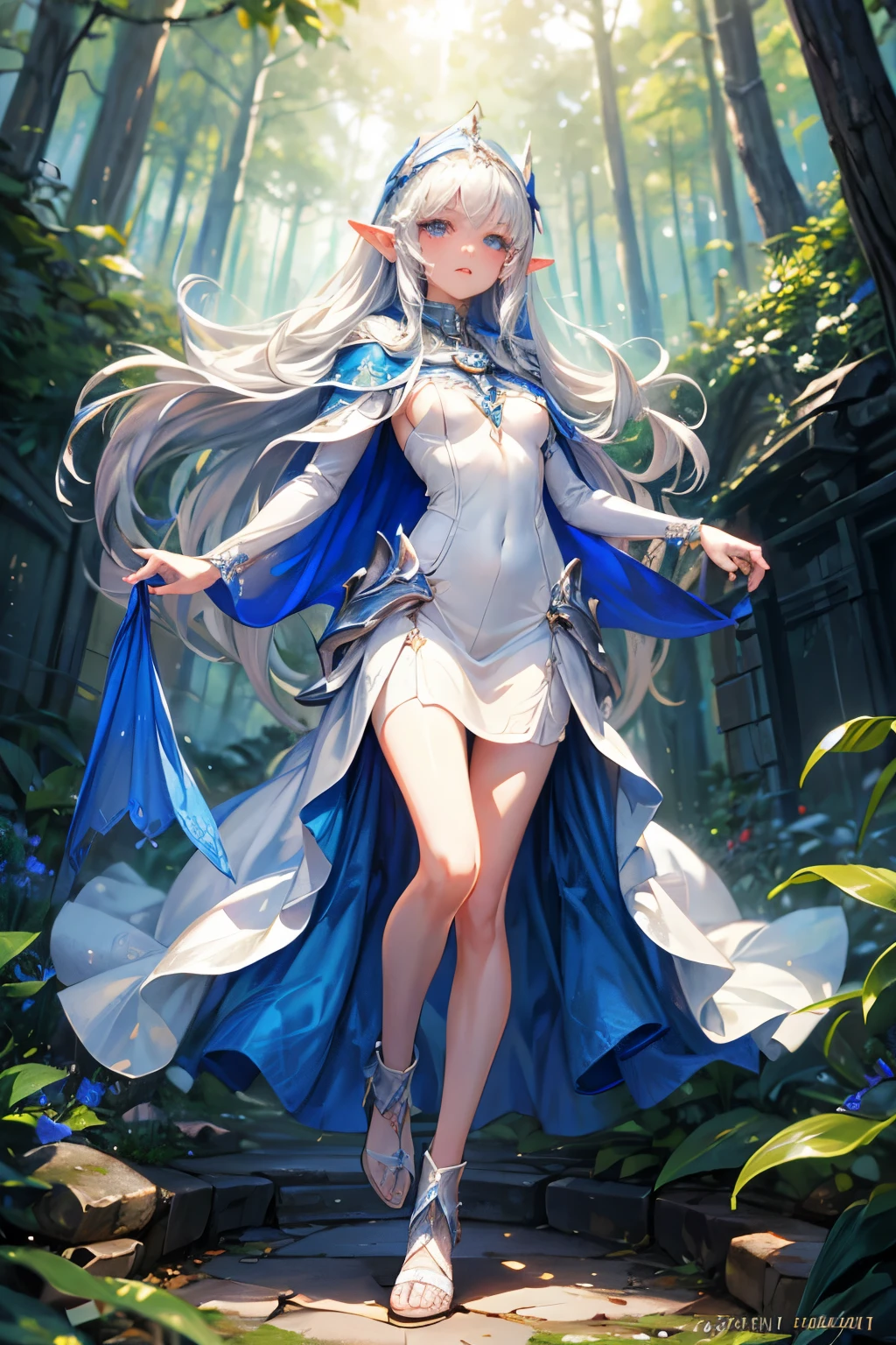 masterpiece,Highest quality,Very detailed,Running Elf Girl,Luxurious white dress,Blue Cape, ager,Long straight silver hair,Beautiful and detailed eyes,skinny,Small breasts, full body,Dynamic,Forest Treehouse