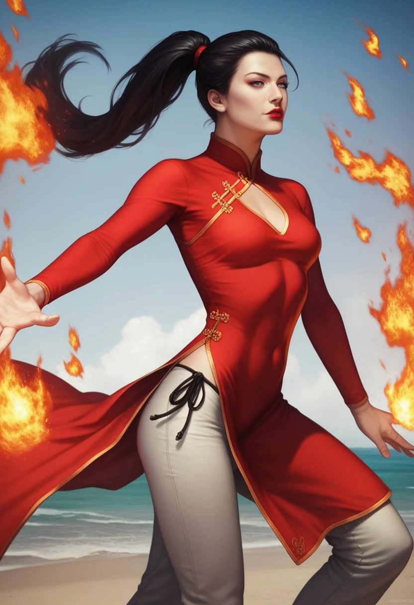 thick outlines, comics, photorealistic, perfect hands, masterpiece:1.2, colorful, beach , fire, 1 girl, solo, dynamic pose, black hair, red dress, chinese dress, long sleeve, pants, lipstick, makeup, ponytail, topknot, small breast, detailed background, detailed face, detailed eyes, bikini