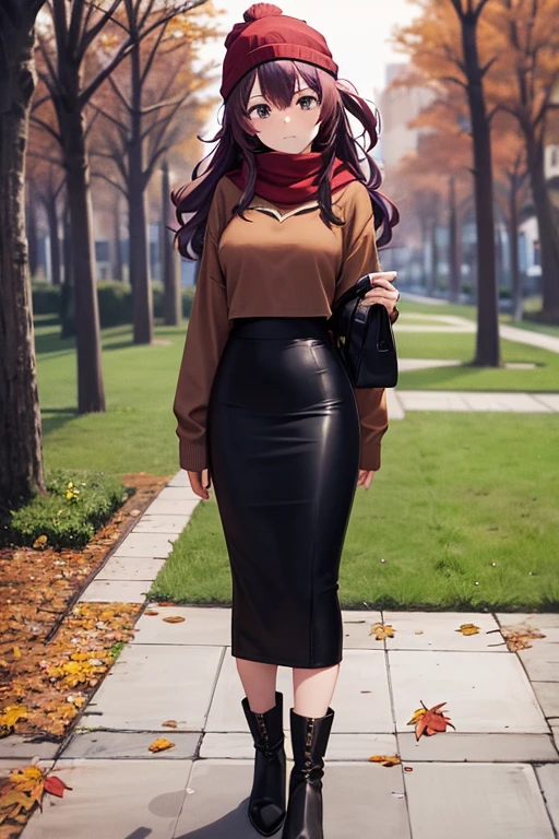 best quality, beautiful woman looking at viewer, brown hoodie, black midi pencil skirt, pencil skirt, beanie, leather boots, red scarf, full body, medium purple hair, wavy hair, garden, fall evening, tree, leaves, park