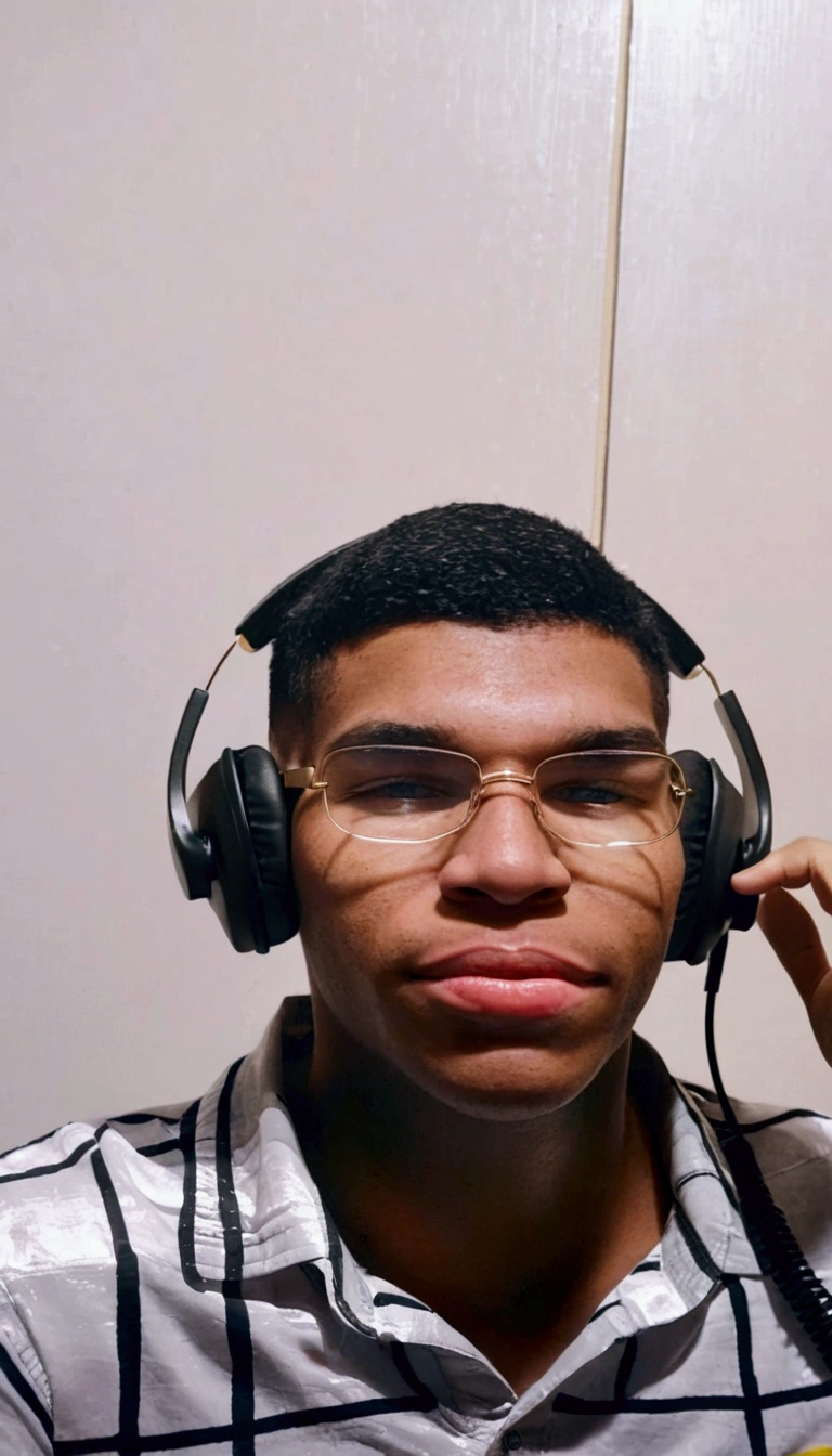 gere uma imagem em forma de cartoon, a young black man in front of a computer with headphones and microphone, the room is humble and on the wall there are several posters with pictures of money, ??????, torre eifel.