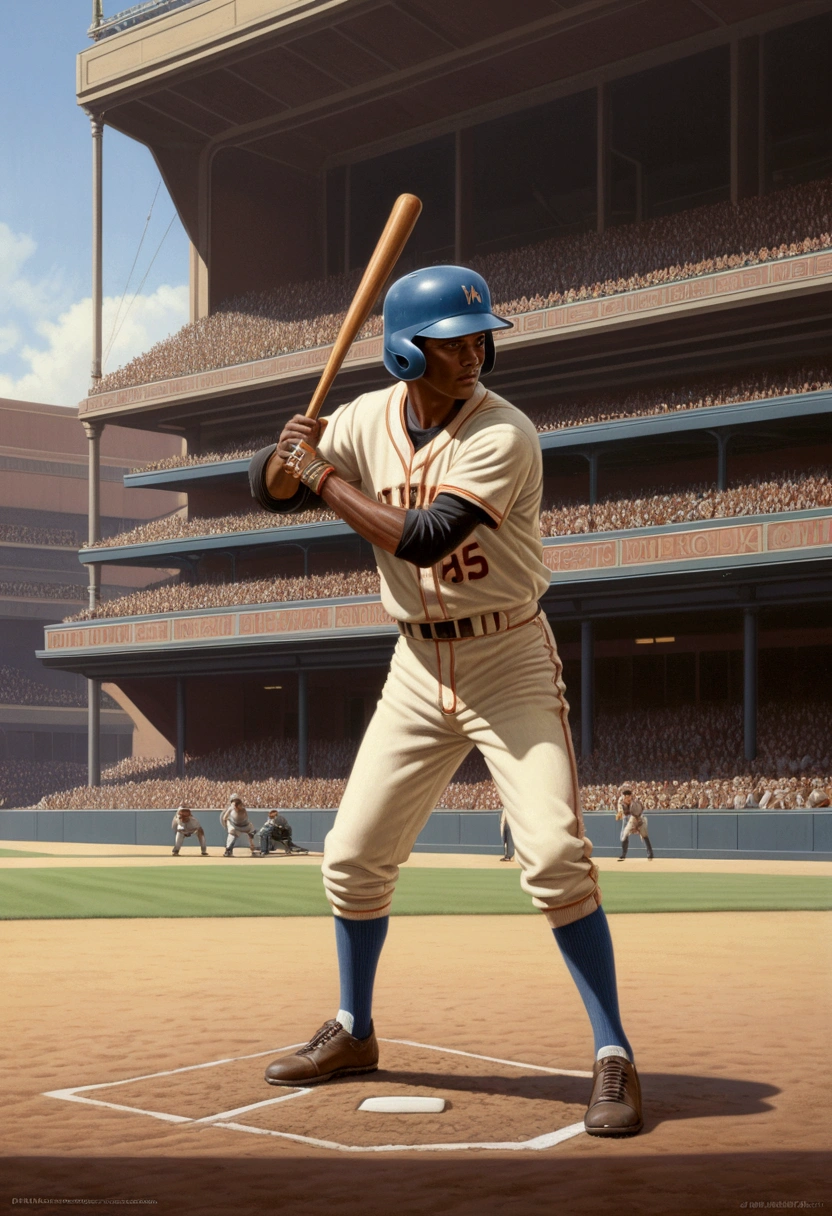 Baseball Player, by Ralph McQuarrie, full body, cinematic still, cinemascope, (best quality, masterpiece), very aesthetic, perfect composition, intricate details, ultra-detailed, vivid colors