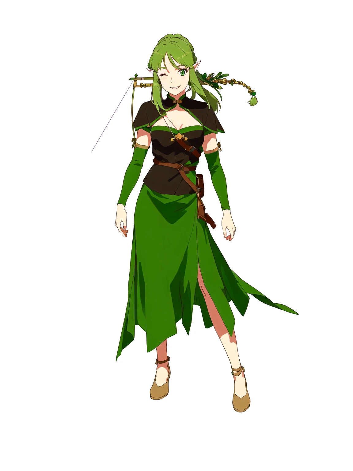 Anime, 1girl, 1woman, there is a woman dressed in a green dress with a bow and arrow, female forest archer, wood elf, (((mad))) elf princess, forest hunter lady, female elfling, female earth mage, female elf, beautiful wood elf, half elf woman, elven princess, elven warrior princess, elf princess knight, elf princess, female druid, forest dryad, (her right eye was closed, her left eye was open, she was laughing, not wearing shoes)