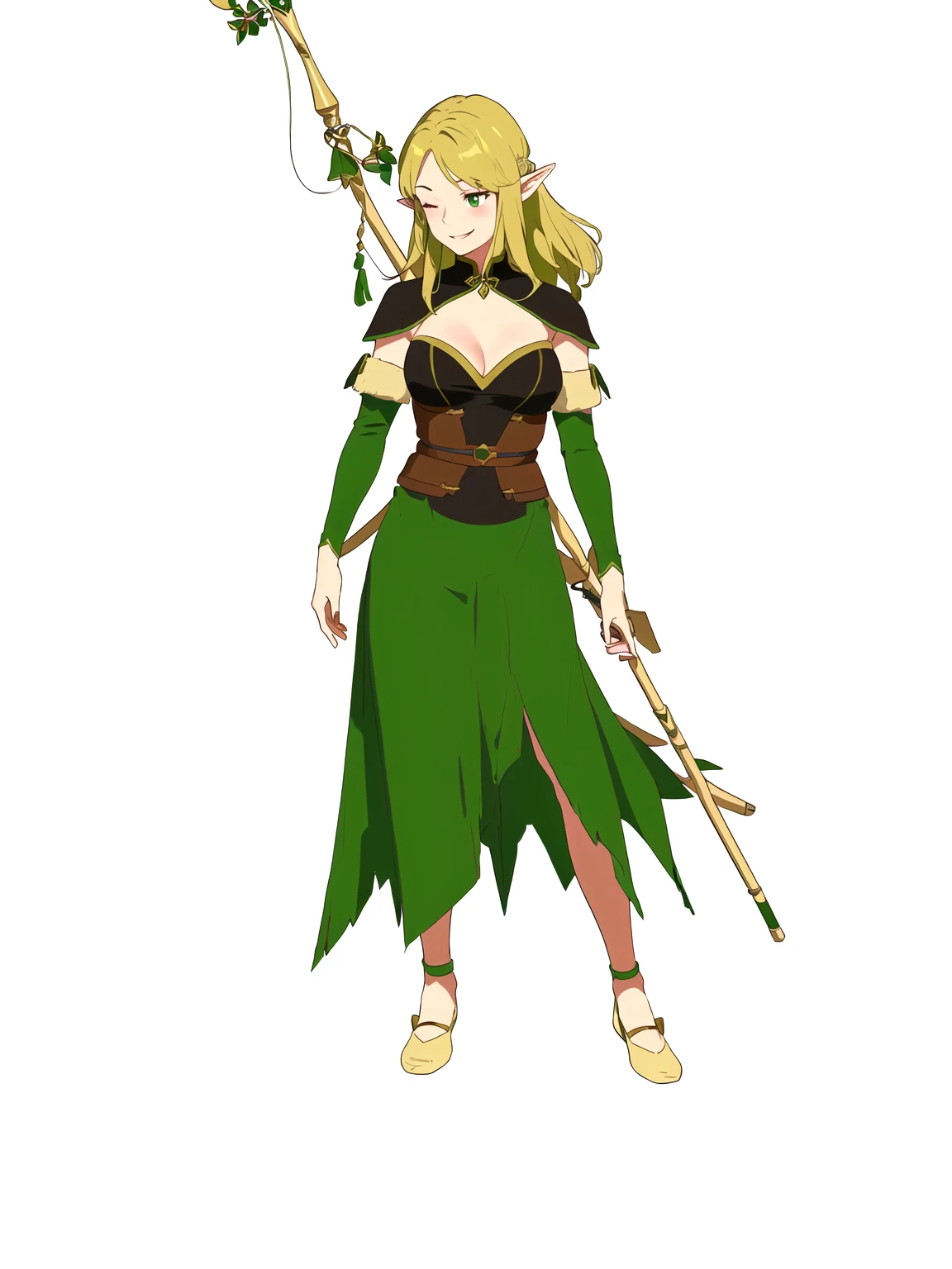 Anime, 1girl, 1woman, there is a woman dressed in a green dress with a bow and arrow, female forest archer, wood elf, (((mad))) elf princess, forest hunter lady, female elfling, female earth mage, female elf, beautiful wood elf, half elf woman, elven princess, elven warrior princess, elf princess knight, elf princess, female druid, forest dryad, (her right eye was closed, her left eye was open, she was laughing, not wearing shoes)