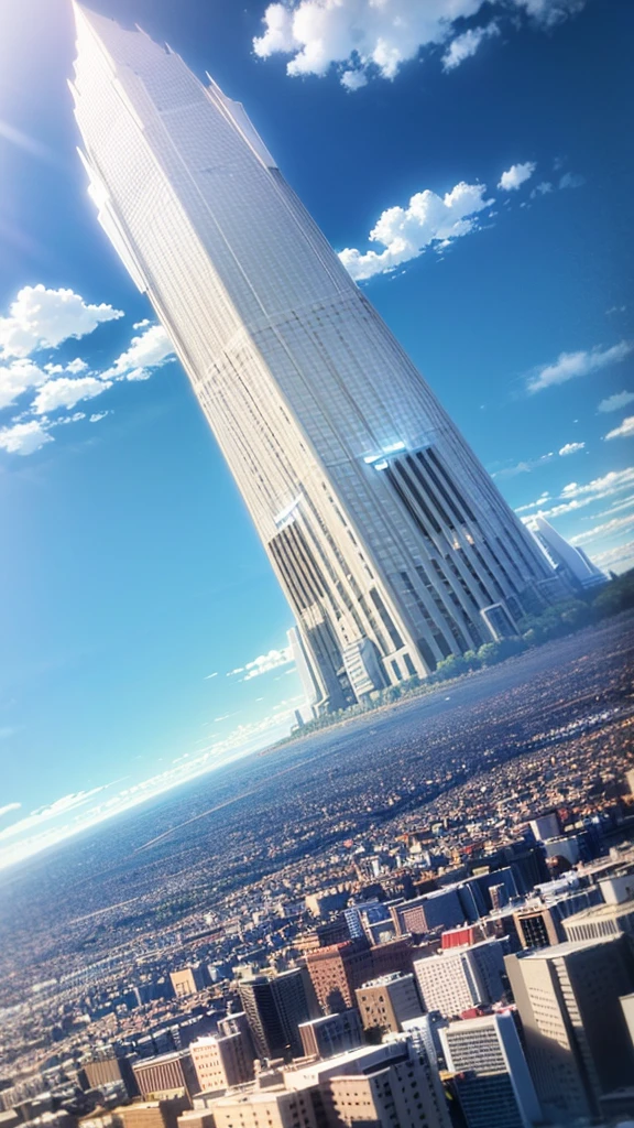 「Big white clouds spread across the blue sky、City skyline landscape。There are several high-rise buildings、A building with a distinctive spire stands out in the center。There are a lot of low-rise buildings in the foreground.、Overall bright colours、I can feel the summer sunshine。The sky is bright blue、The clouds are soft、It's fluffy。」