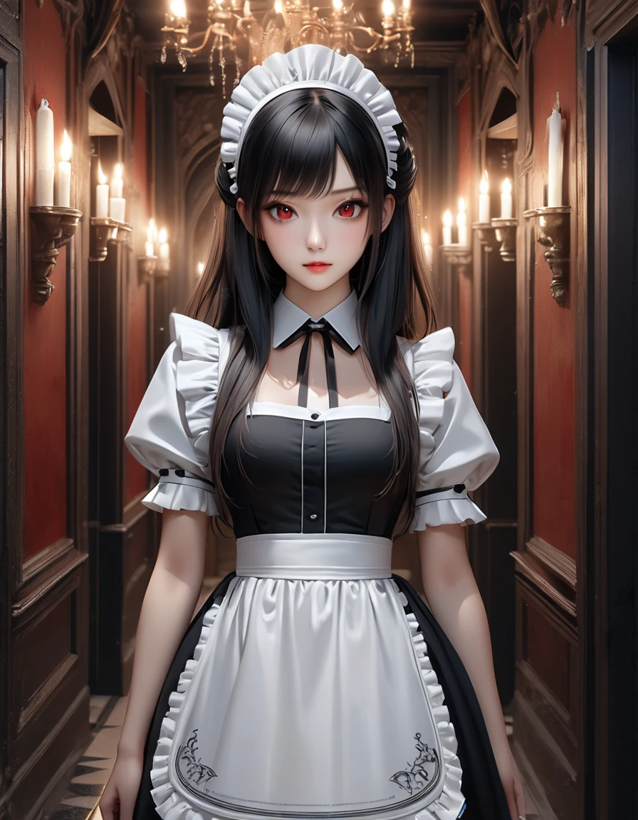 high quality, detailed, Realistic,(25 years old beautiful maid), (detailed dark red eyes), (black long hair),large beasts,(shiny skin),dark night palace corridor, candle,best quality,4k,8k,highres,masterpiece:1.2),ultra-detailed,(realistic,photorealistic,photo-realistic:1.37), looking at viewer,