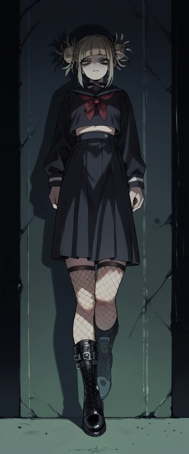 Himiko Toga with flower tattoos on her hands (roses covering her entire wrist) dressed in a black sweatshirt with lettering (in the style of a brutal deathcore band) with black boots and black stockings, Short skirt (whole body)