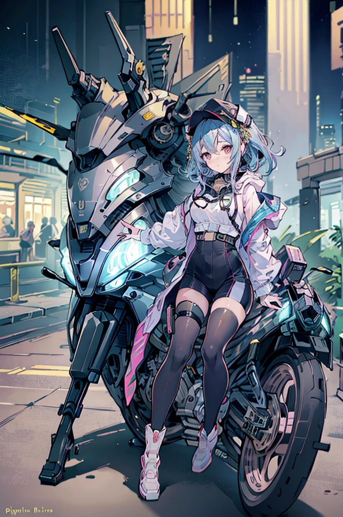 (Line art_anime,pastel colour),(Highest quality, ),8K,Dynamic Angle,1 Girl,Medium Hair,smile、(Steampunk Bike Ride 1.5)、An elaborately decorated bike、(Highly decorative and complex mechanical steampunk fashion, Lace flare dolphin hat、Goggles 1.5、machinery background、Gear background、An elaborately mechanized steampunk cityscape 1.5),Anatomically correct