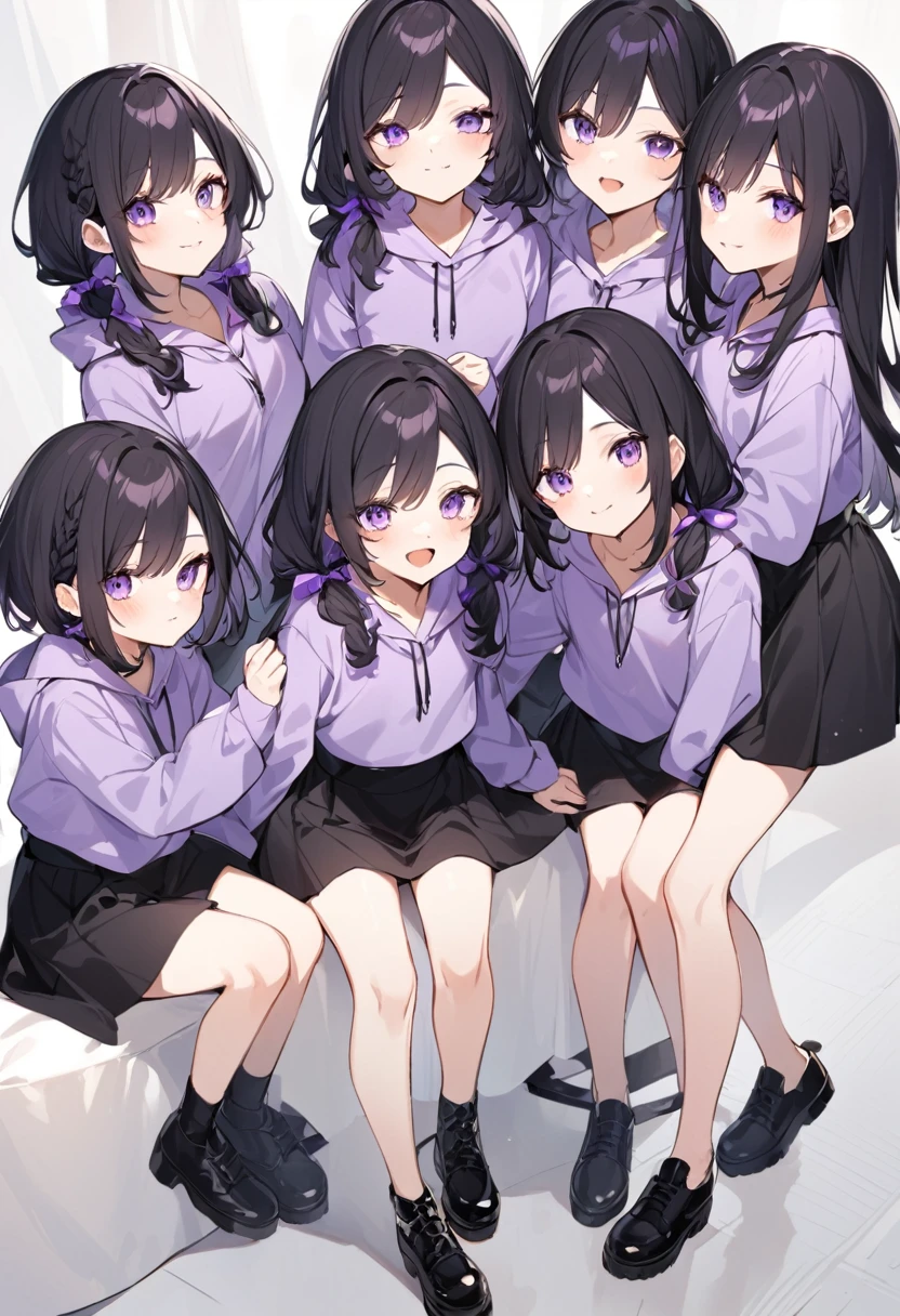 Keito。Purple hoodie。Black Skirt。Purple Eyes。Black Hair。Black shoes下。Black shoes。7 Sistery eldest daughter has lavender hair.。all female。Seven siblings。