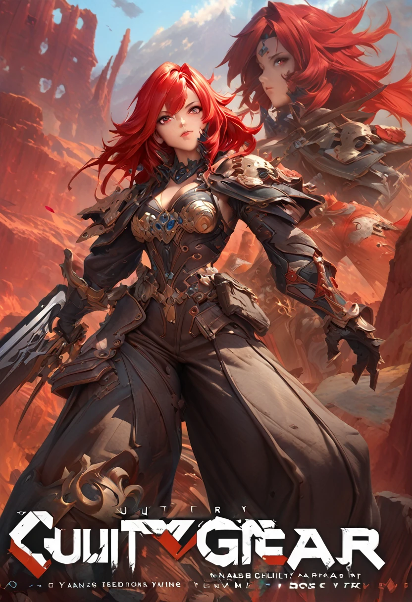 anime character with red hair and a sword in his hand, guilty gear art direction, guilty gear strive splash art, detailed digital anime art, detailed anime character art, stunning character art, by Yang J, 2. 5 d cgi anime fantasy artwork, epic exquisite character art, fanart best artstation, guilty gear art style, trending on artstation pixiv , red background