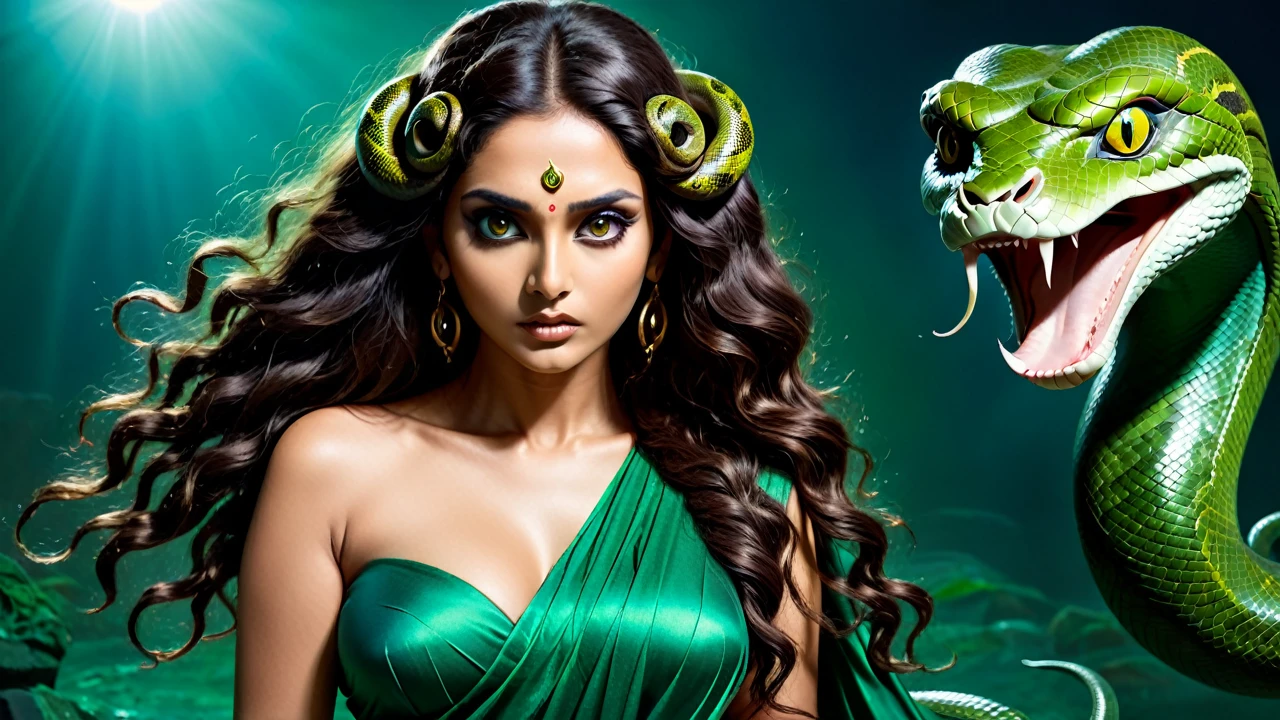 (dark night scary atmosphere) (scary face) indian brunette woman in a green saree with a snake head, brunette body, beautiful female gorgon, young woman as medusa, fierce medusa, beautiful woman, goddess of greek mythology, female medusa long hair, earth goddess mythology, cinematic goddess body shot, night blue ambience, long flowing medusa hair, medusa