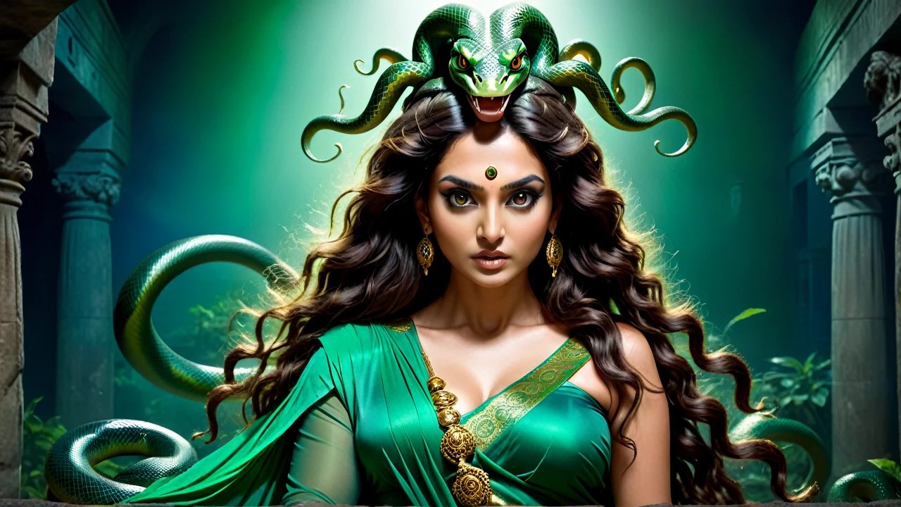 (dark night scary atmosphere) (scary face) indian brunette woman in a green saree with a snake head, brunette body, beautiful female gorgon, young woman as medusa, fierce medusa, beautiful woman, goddess of greek mythology, female medusa long hair, earth goddess mythology, cinematic goddess body shot, night blue ambience, long flowing medusa hair, medusa