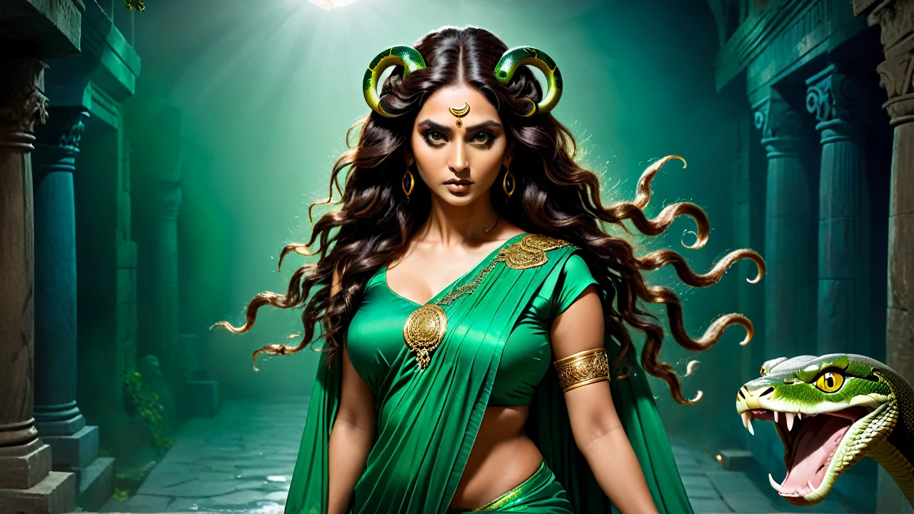 (dark night scary atmosphere) (scary face) indian brunette woman in a green saree with a snake head, brunette body, beautiful female gorgon, young woman as medusa, fierce medusa, beautiful woman, goddess of greek mythology, female medusa long hair, earth goddess mythology, cinematic goddess body shot, night blue ambience, long flowing medusa hair, medusa
