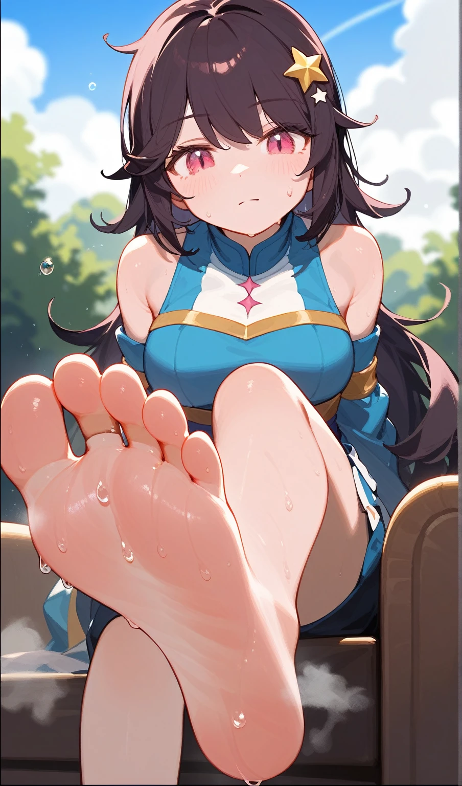 wallpaper, best quality, Very detailed, masterpiece, Extremely detailed, illustration, Sky,Foot Focus, giggle, barefoot,Stinky feet,Steam around feet,脚底Sweating很多，Water dripping from the soles of feet，Sweating all over，Sweating，There is a star hairpin on the head，Pink Eyes